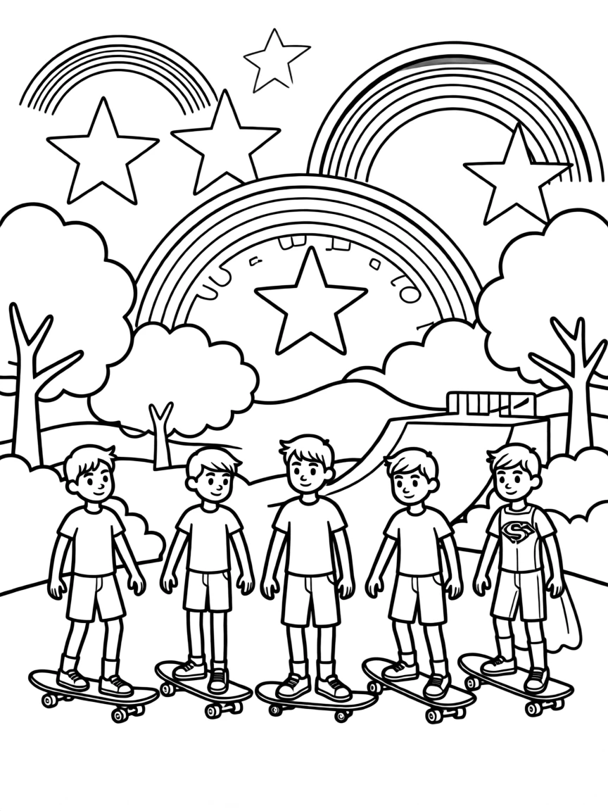Justice League skateboarding in the park, with stars and rainbows in the background.
