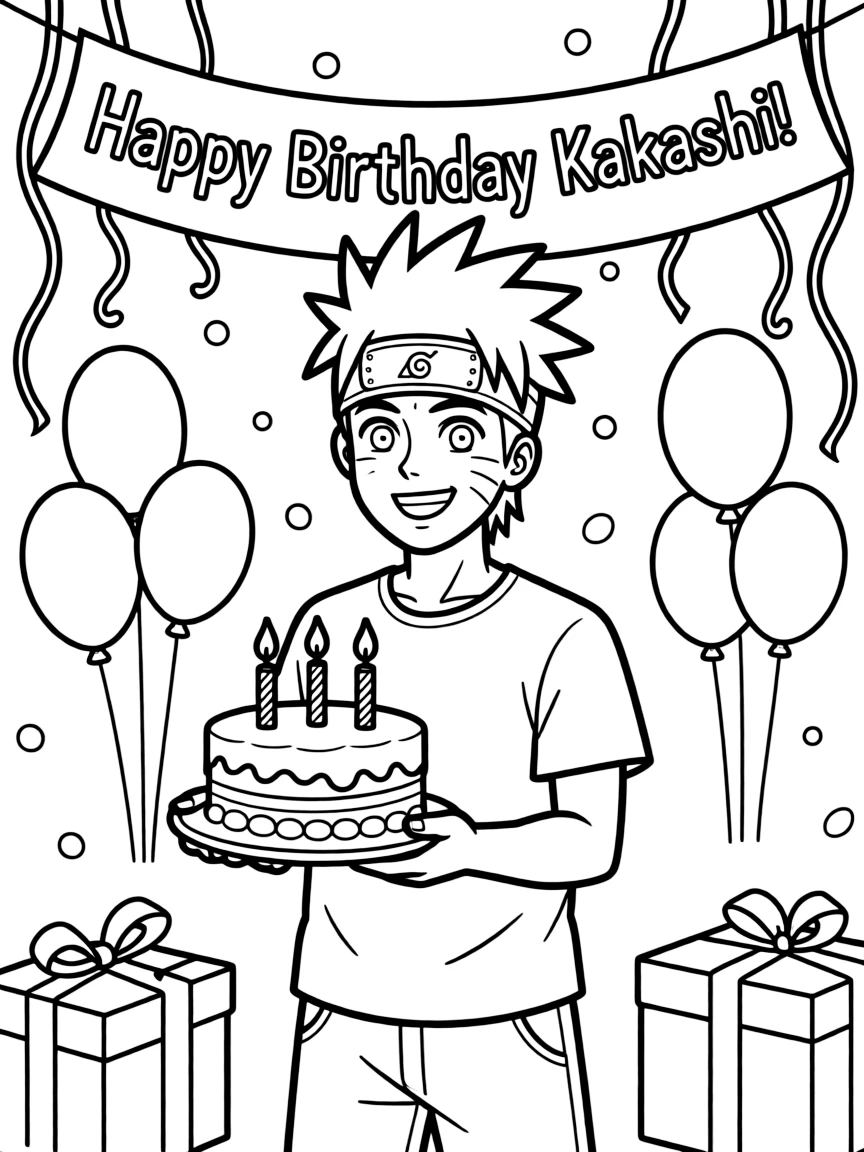 Kakashi celebrating a birthday, with fun background elements.