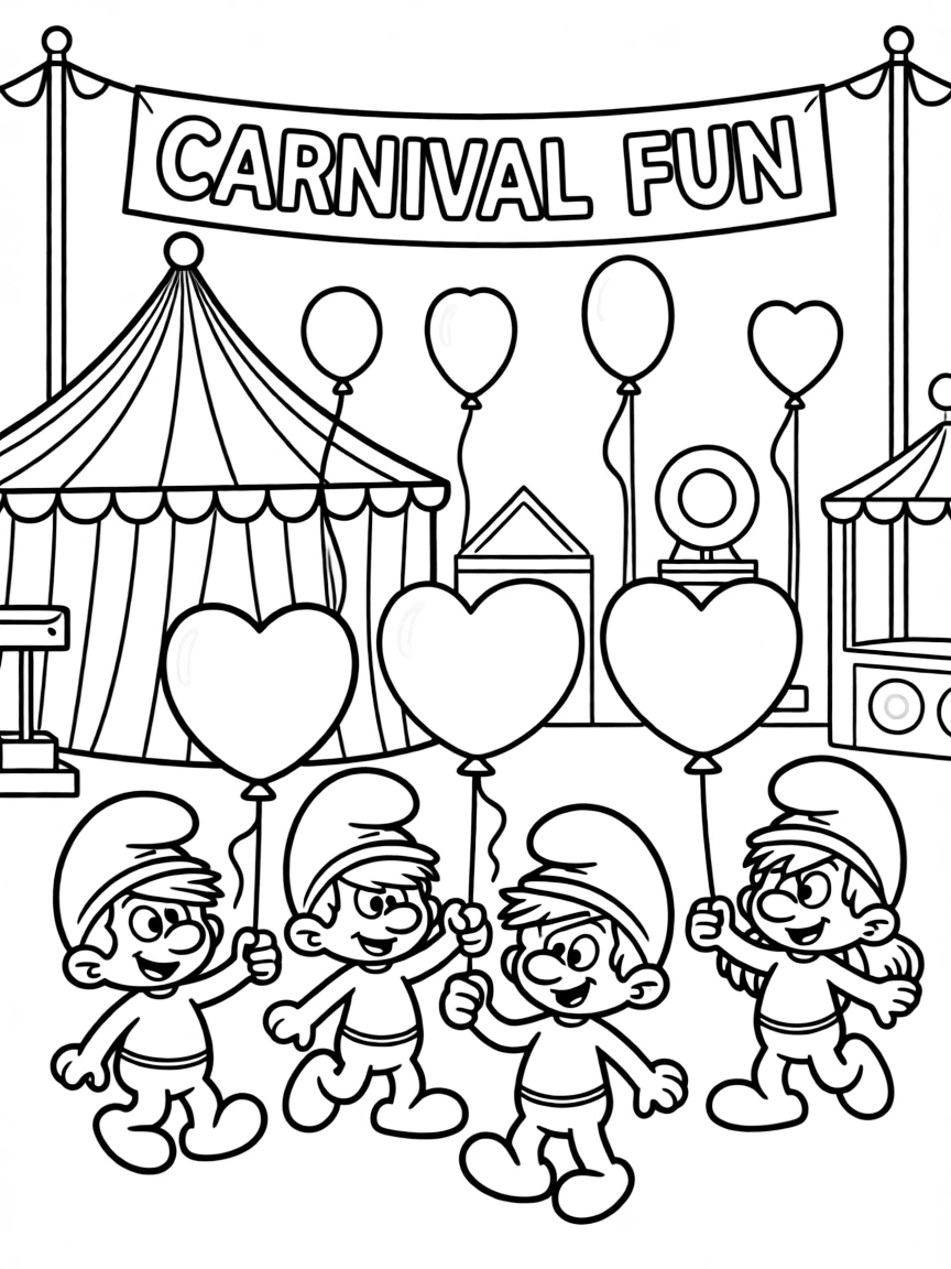 The Smurfs playing with balloons, at a carnival with colorful decorations.