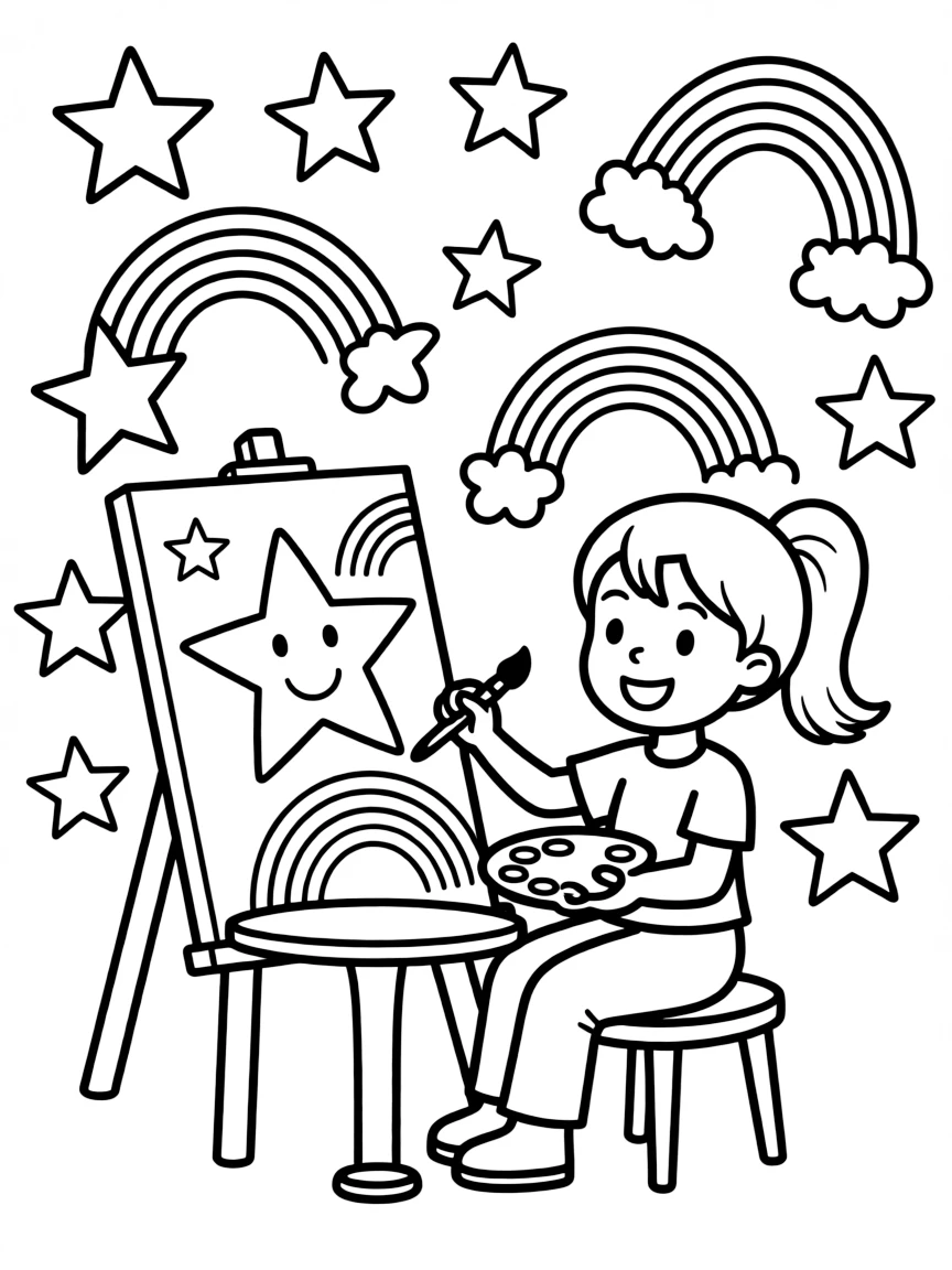 Nami painting a picture, with stars and rainbows in the background.