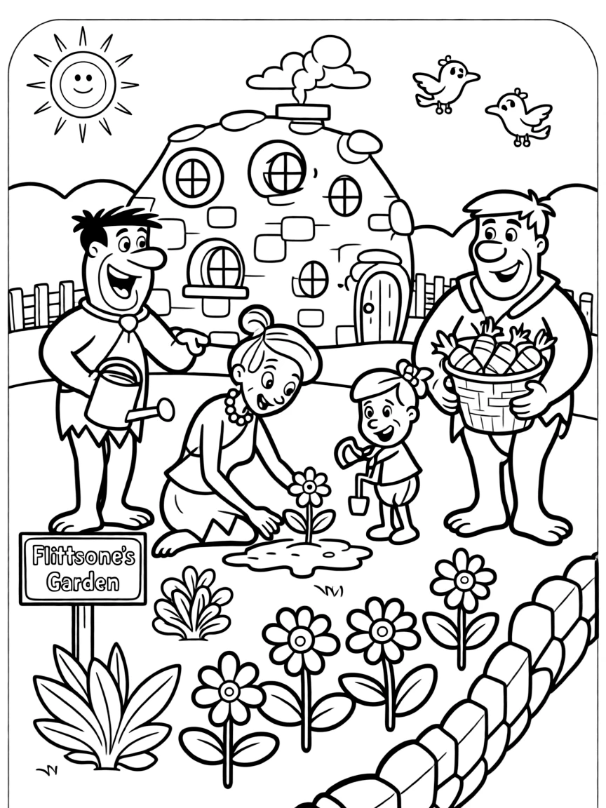 The Flintstones gardening, with fun background elements.