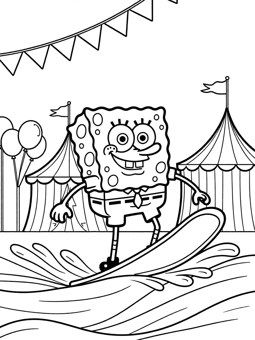 SpongeBob SquarePants surfing on waves, at a carnival with colorful decorations.