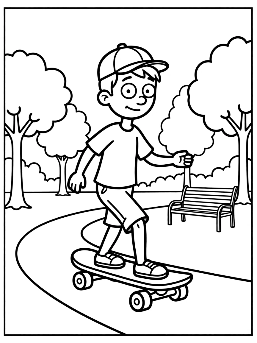 Hey Arnold! skateboarding in the park, with big bold outlines for easy coloring.