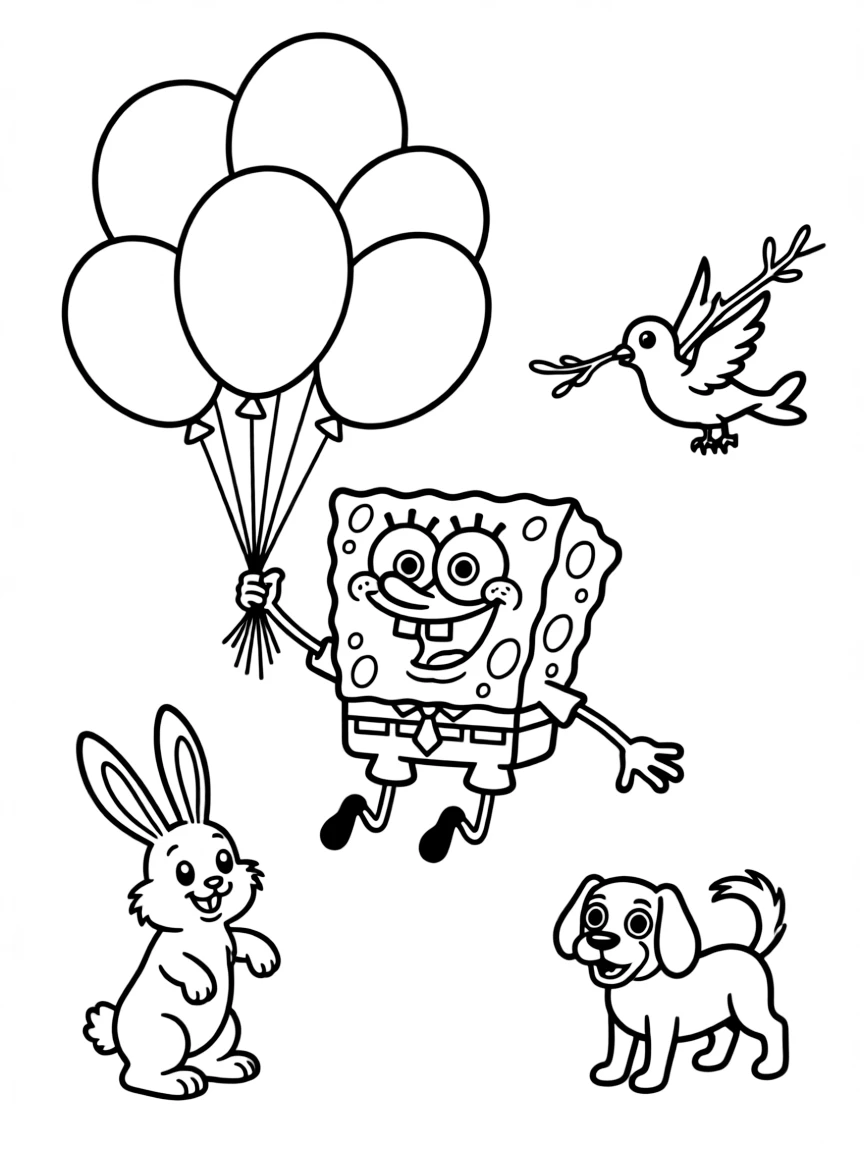 SpongeBob SquarePants flying with balloons, surrounded by friendly animals.