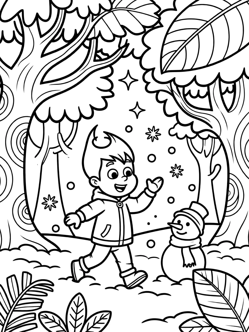 Jimmy Neutron playing in the snow, in a magical forest setting.