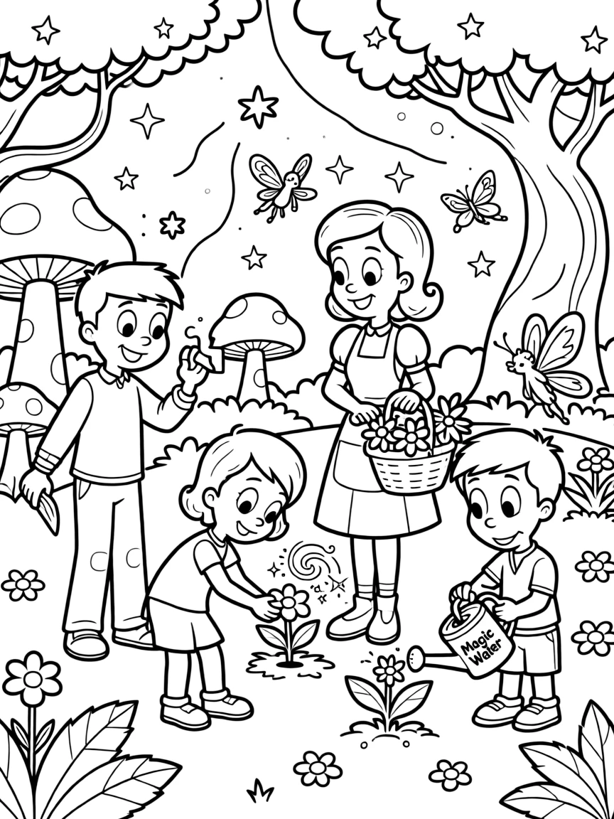 The Jetsons gardening, in a magical forest setting.