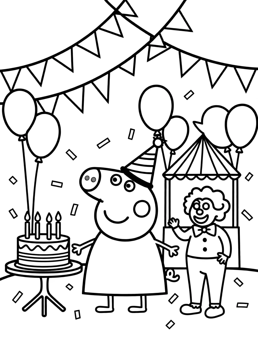 Peppa Pig celebrating a birthday, at a carnival with colorful decorations.