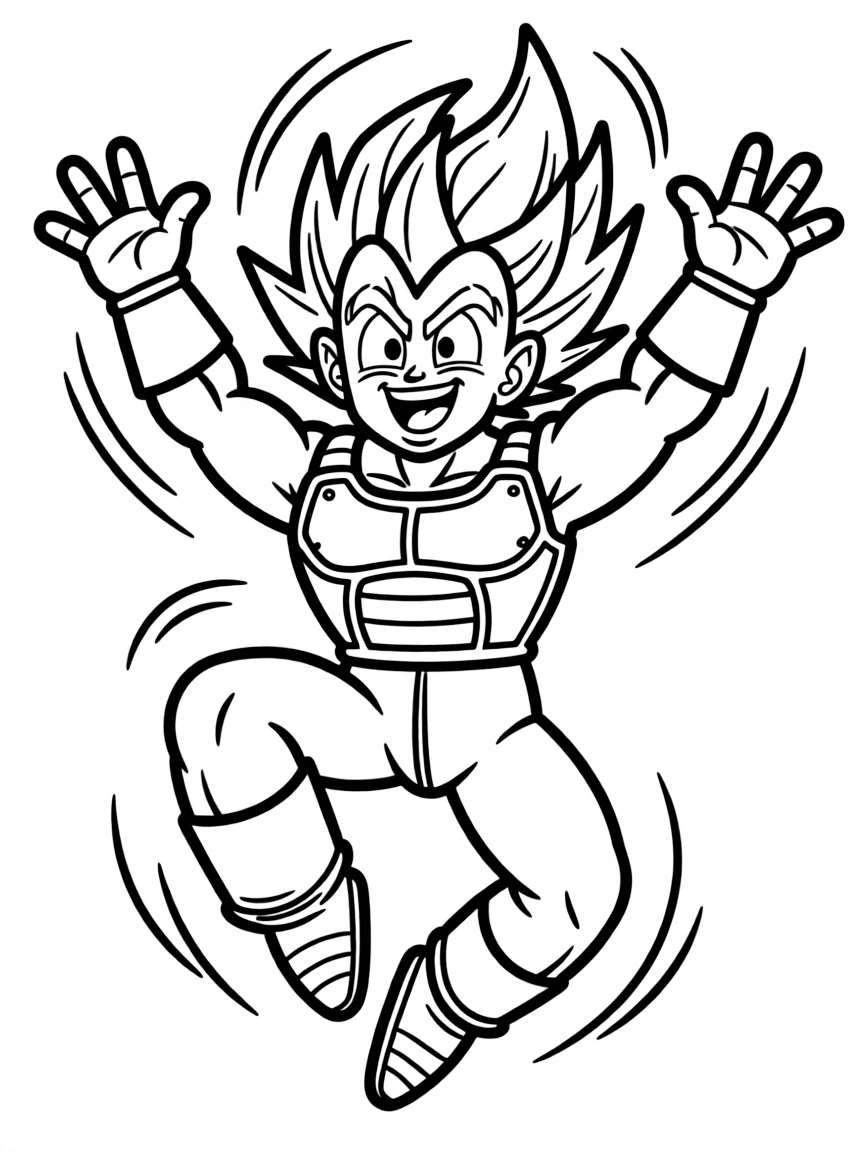 Vegeta jumping with joy, with big bold outlines for easy coloring.