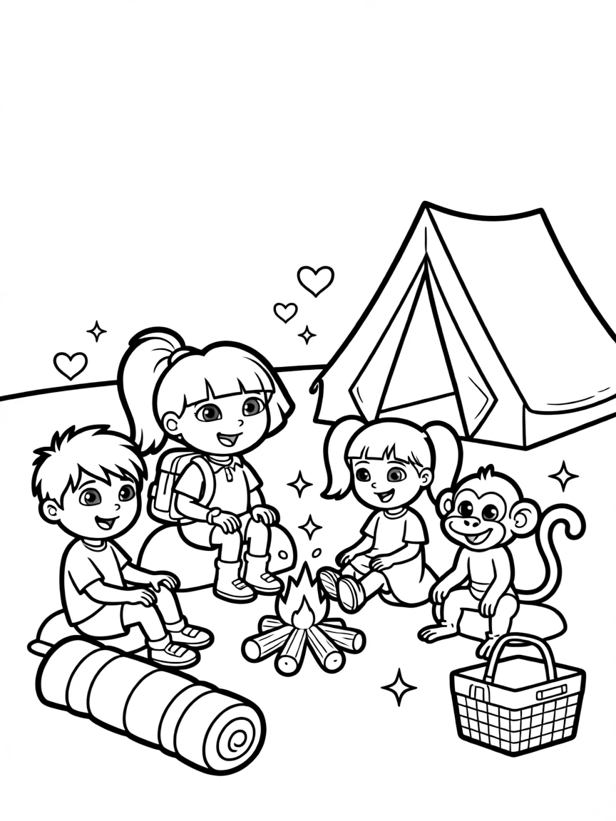 Dora the Explorer camping with friends, with hearts and sparkles around.