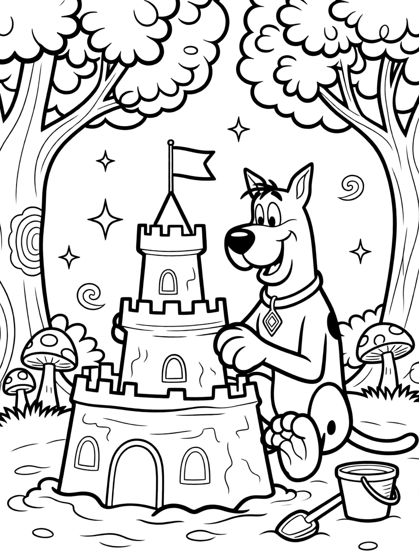 Scooby-Doo building a sandcastle, in a magical forest setting.