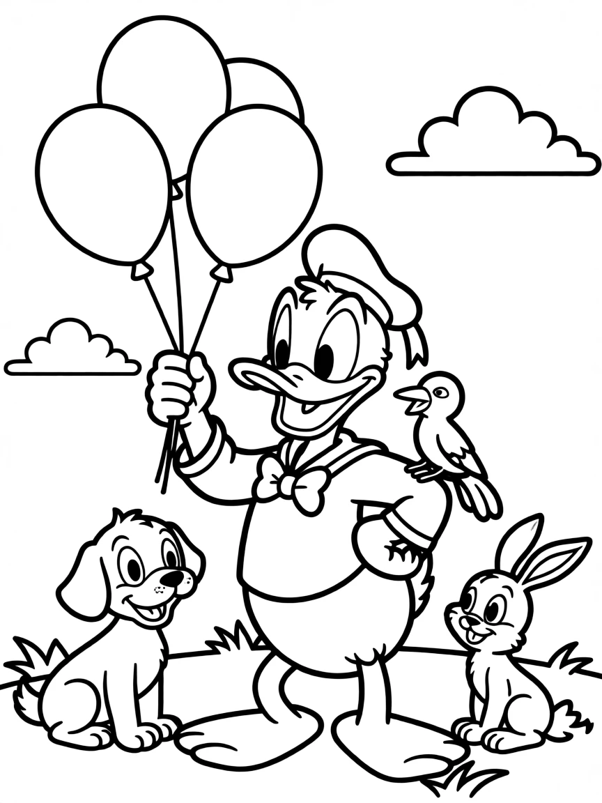 Donald Duck playing with balloons, surrounded by friendly animals.
