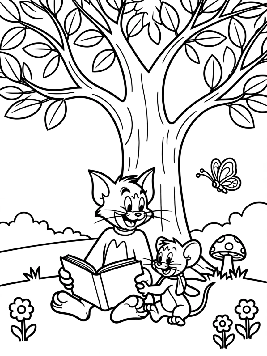 Tom and Jerry reading a book under a tree, with fun background elements.