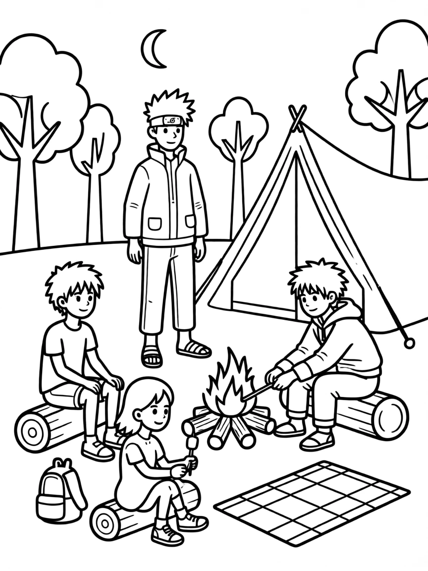 Kakashi camping with friends, with big bold outlines for easy coloring.