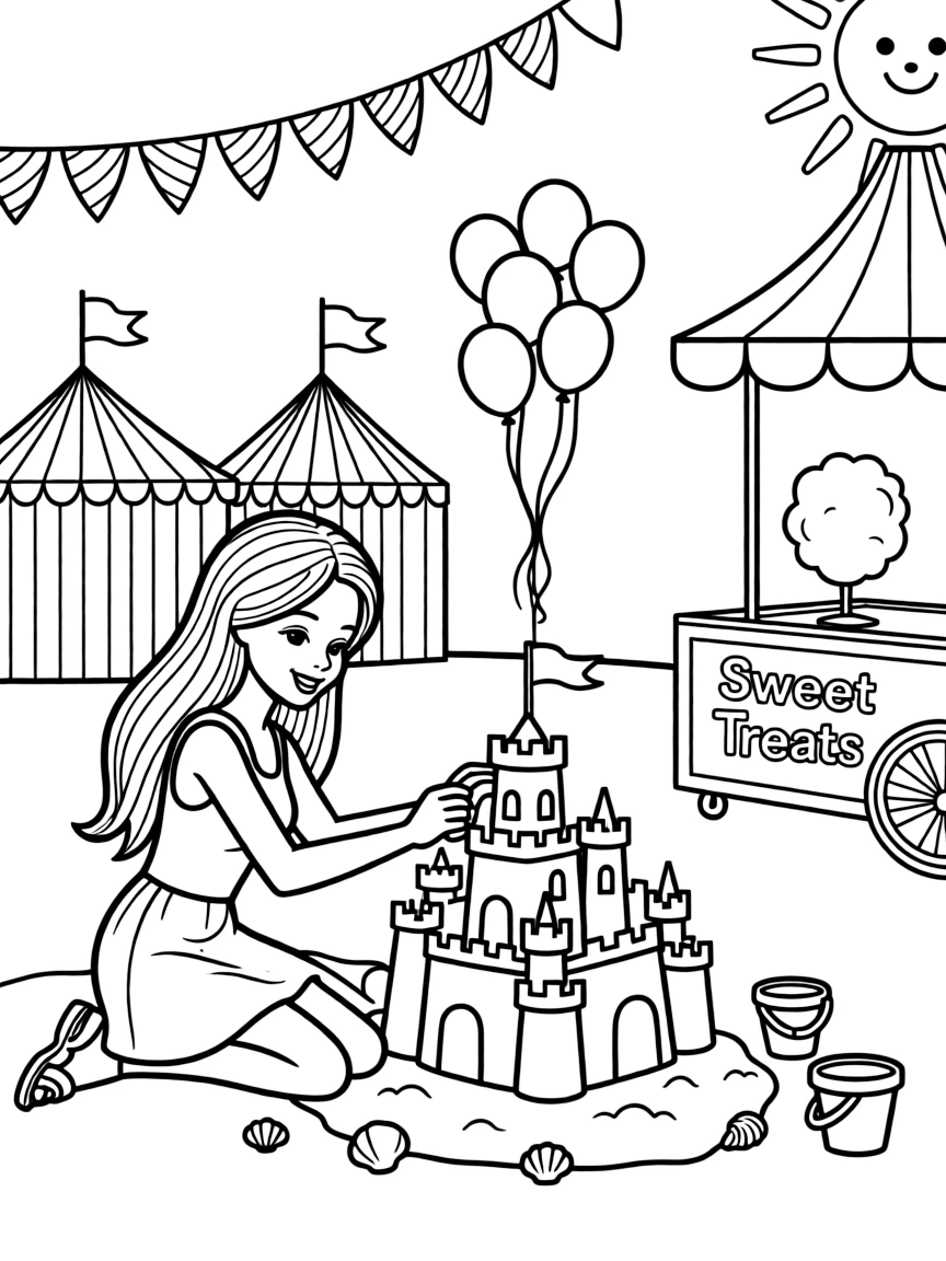 Barbie building a sandcastle, at a carnival with colorful decorations.