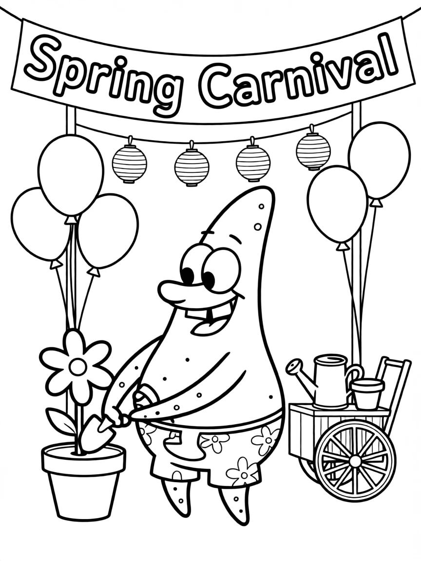 Patrick Star gardening, at a carnival with colorful decorations.