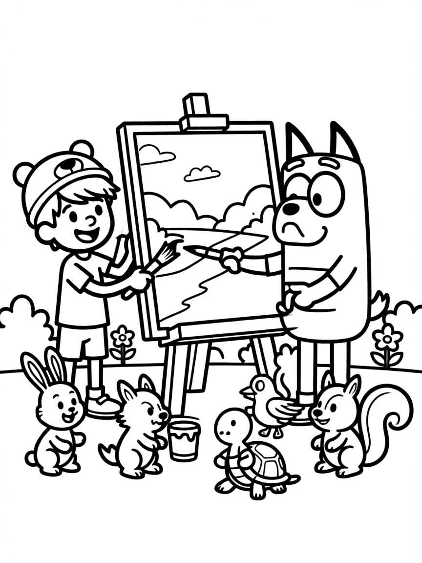 Finn and Jake painting a picture, surrounded by friendly animals.