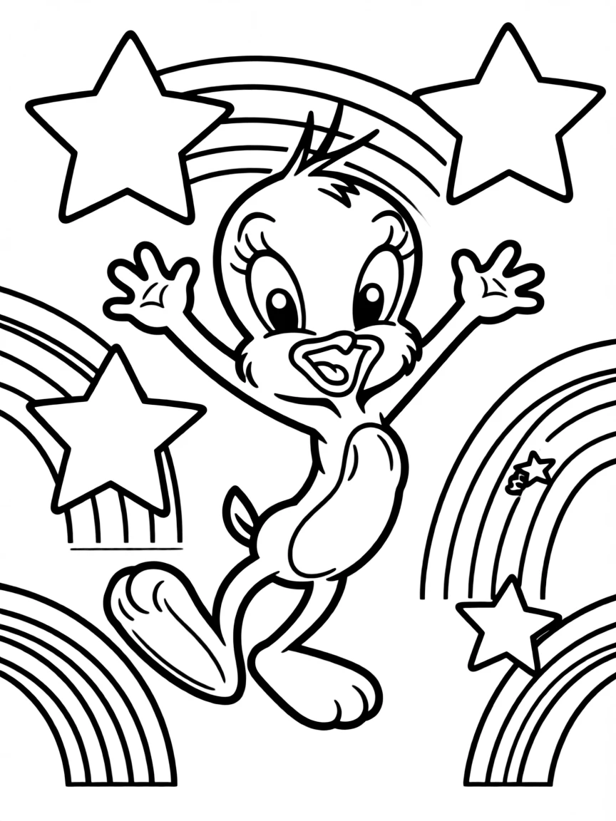 Tweety Bird jumping with joy, with stars and rainbows in the background.