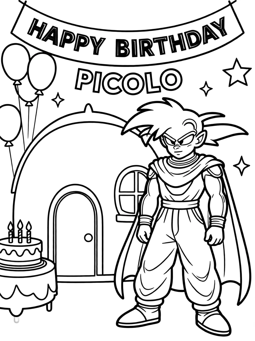 Piccolo celebrating a birthday, in front of their famous house or scene.
