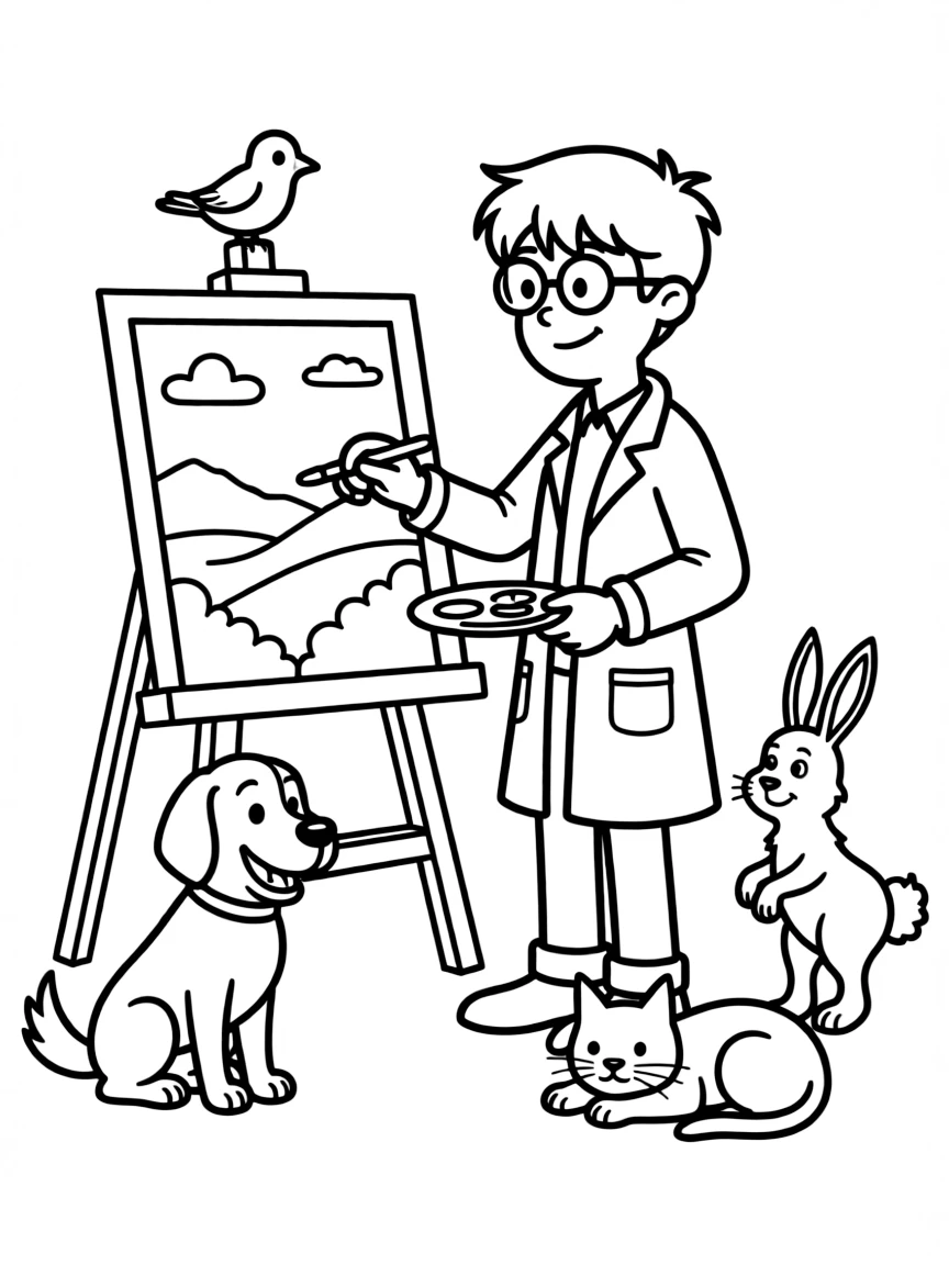 Dexter's Laboratory painting a picture, surrounded by friendly animals.