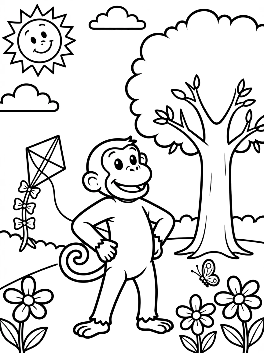 Curious George posing heroically, with fun background elements.