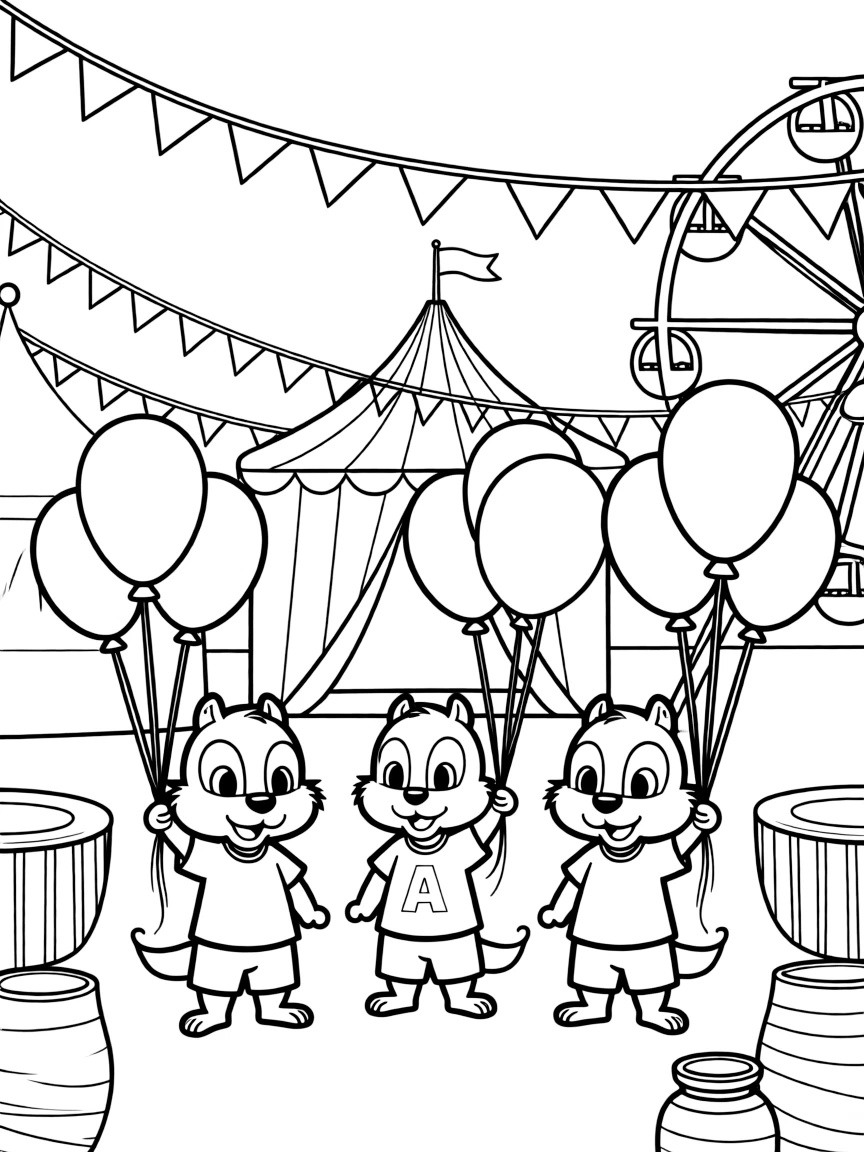 Alvin and the Chipmunks playing with balloons, at a carnival with colorful decorations.
