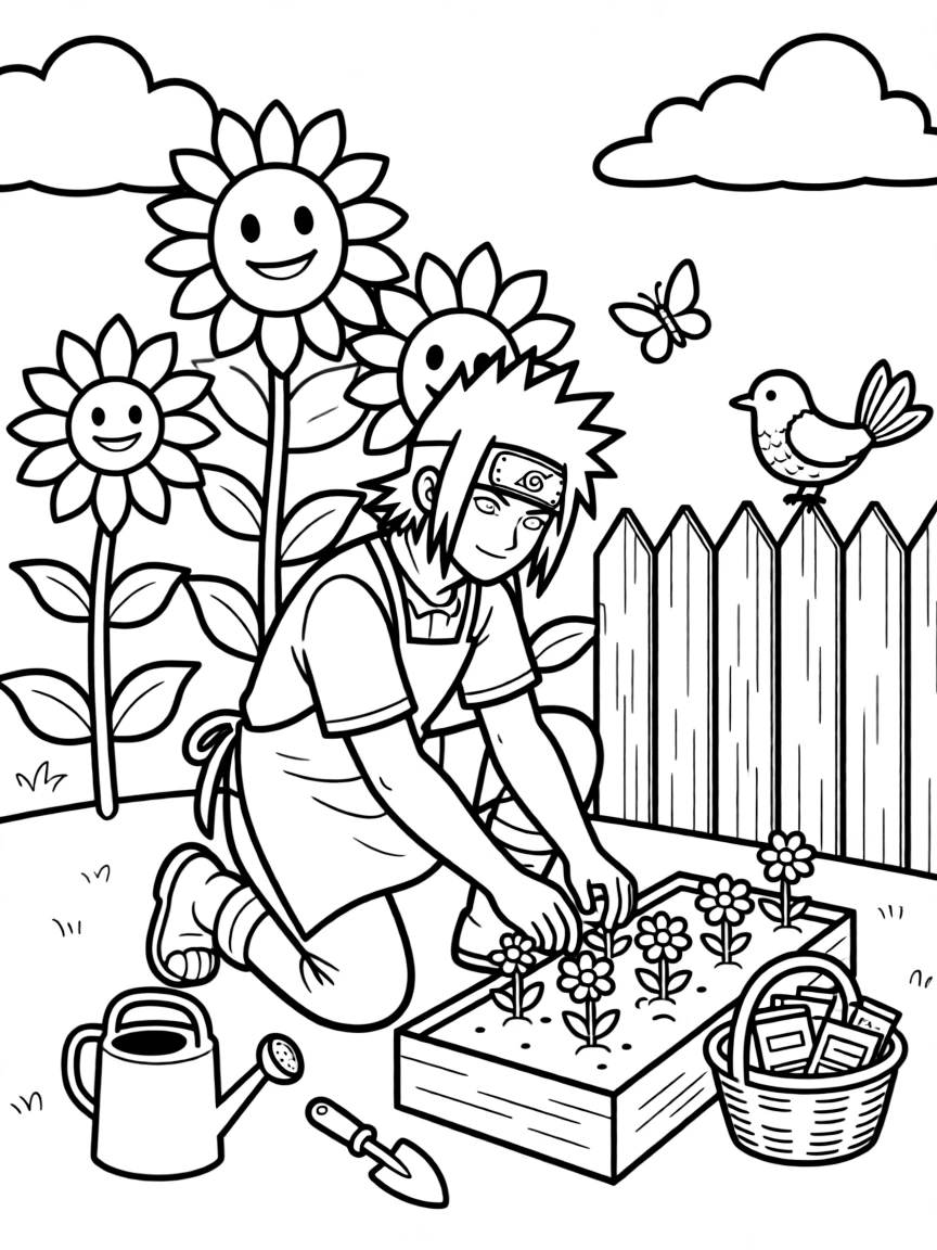 Kakashi gardening, with fun background elements.
