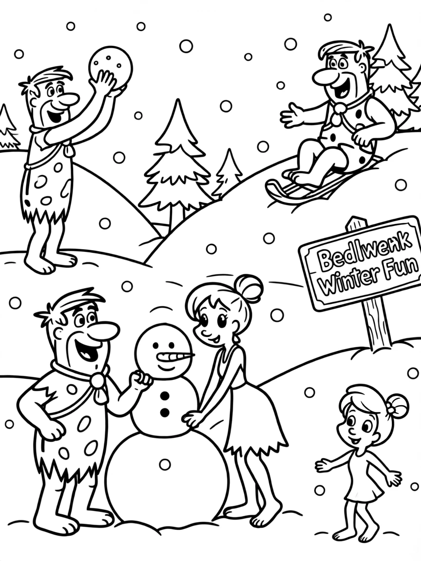 The Flintstones playing in the snow, with big bold outlines for easy coloring.