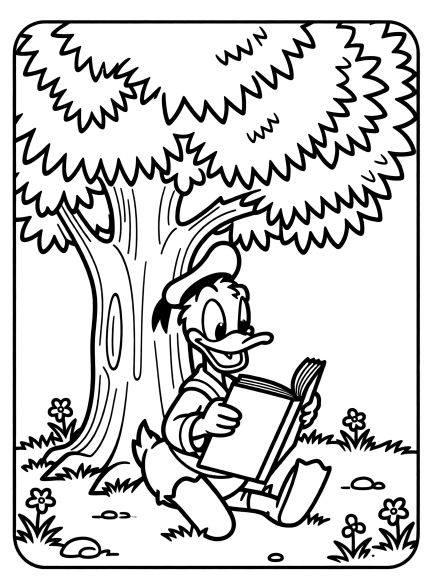 Donald Duck reading a book under a tree, inside a comic book frame.