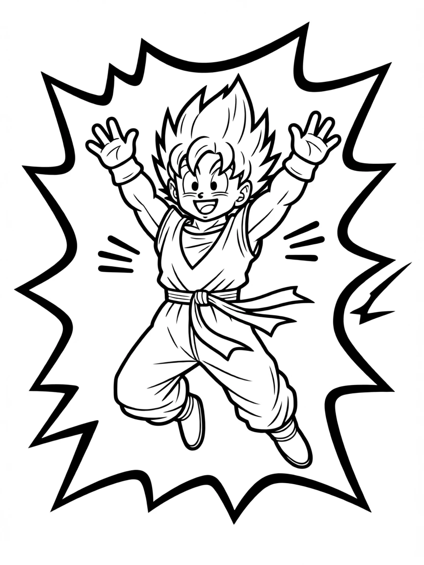 Dragon Ball Z jumping with joy, inside a comic book frame.
