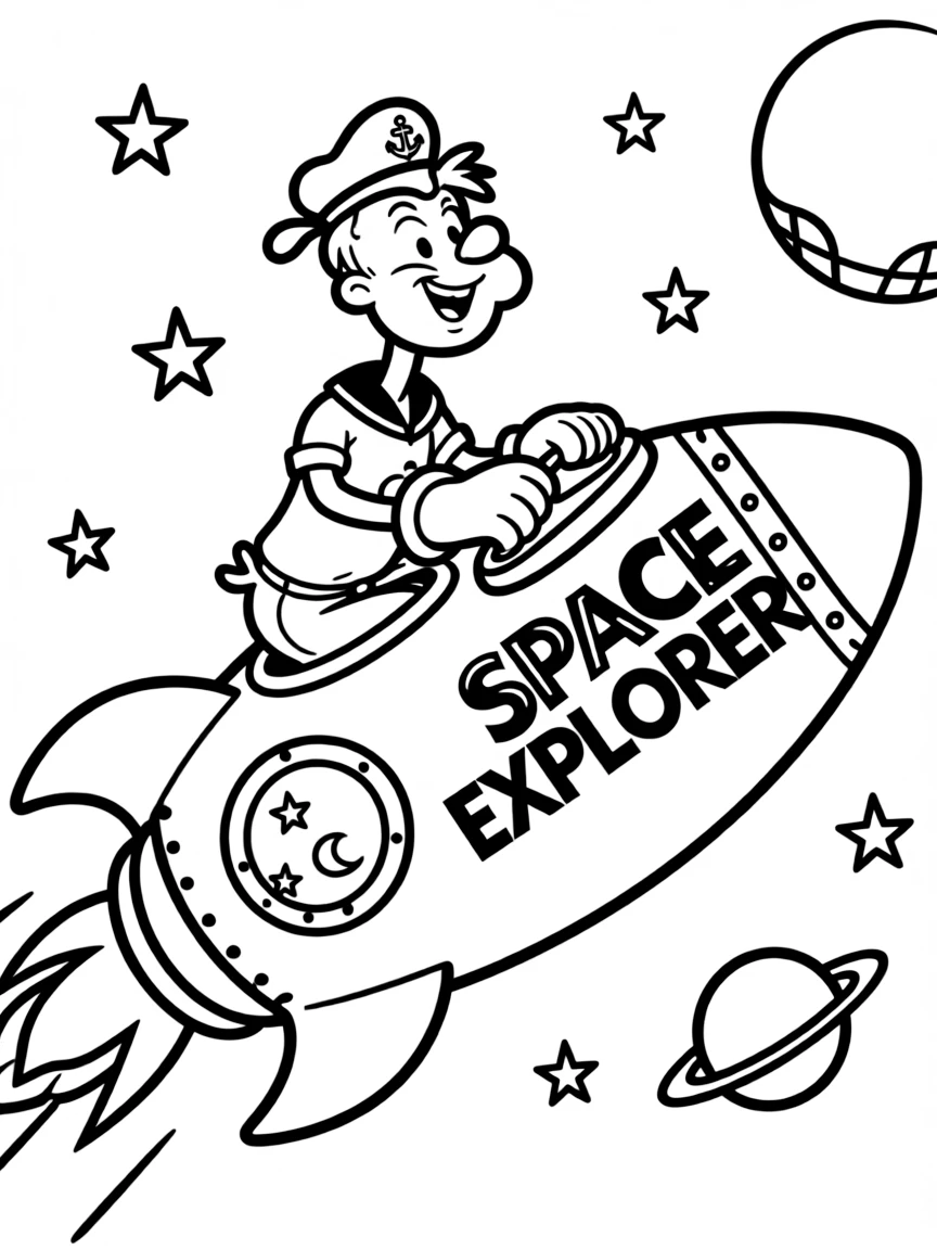 Popeye exploring space in a rocket, with big bold outlines for easy coloring.