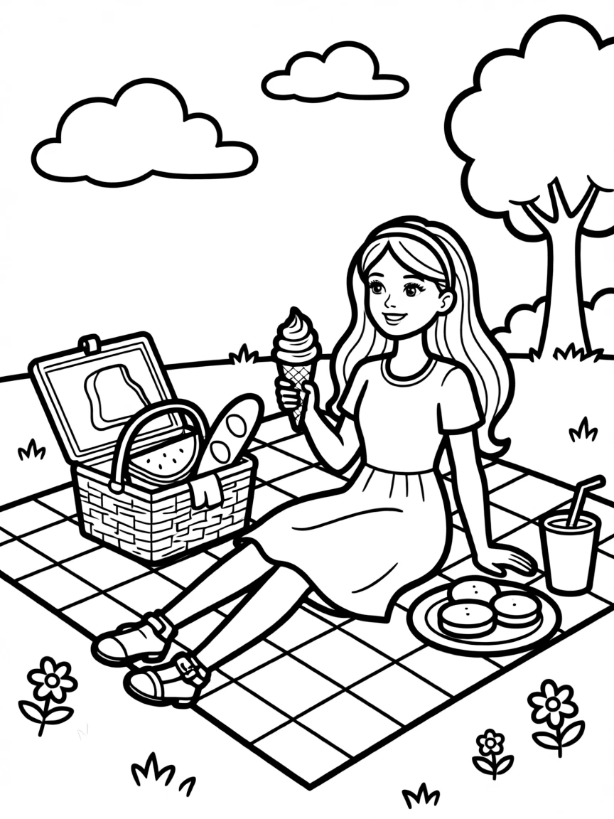 Barbie having a picnic, with big bold outlines for easy coloring.
