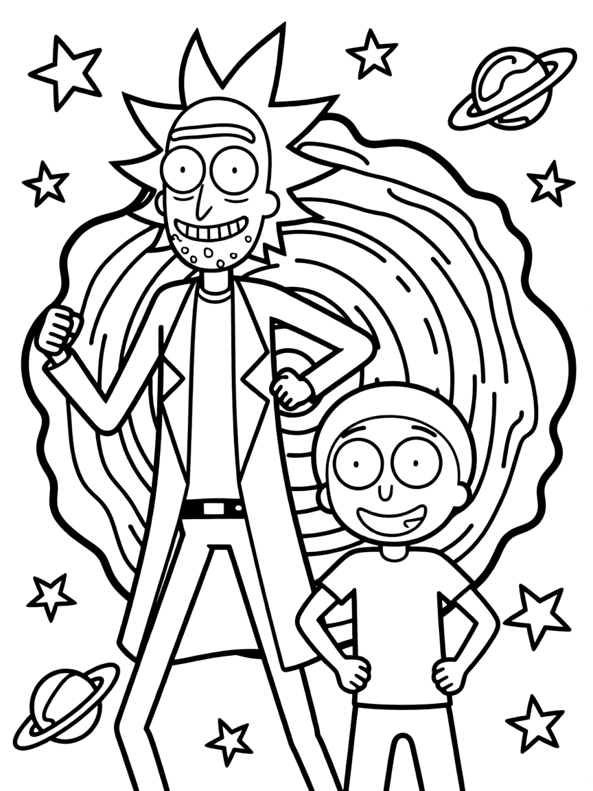 Rick and Morty posing heroically, with fun background elements.
