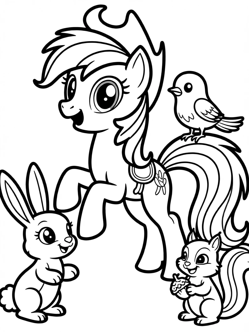 My Little Pony jumping with joy, surrounded by friendly animals.