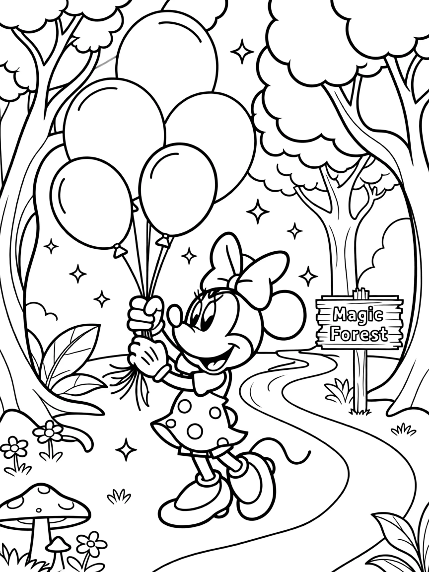 Minnie Mouse playing with balloons, in a magical forest setting.