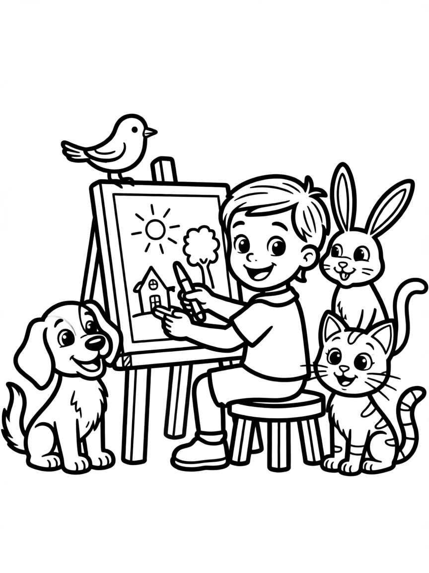 Cocomelon painting a picture, surrounded by friendly animals.