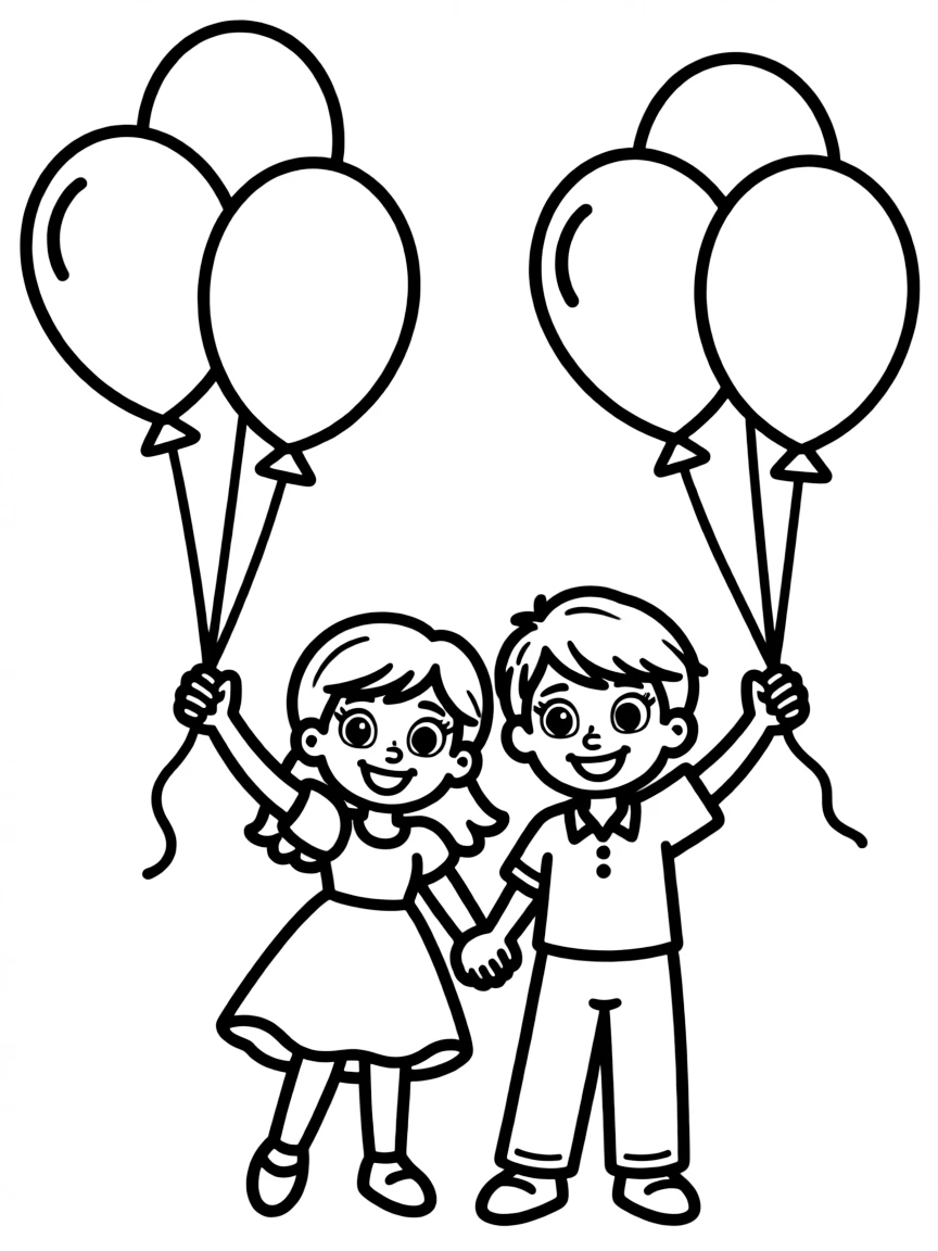 Frozen Characters flying with balloons, with big bold outlines for easy coloring.