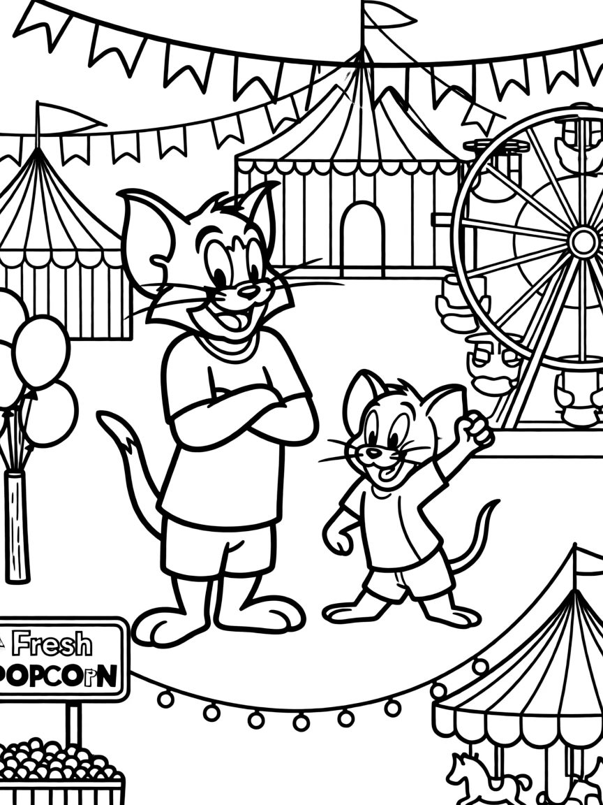 Tom and Jerry posing heroically, at a carnival with colorful decorations.