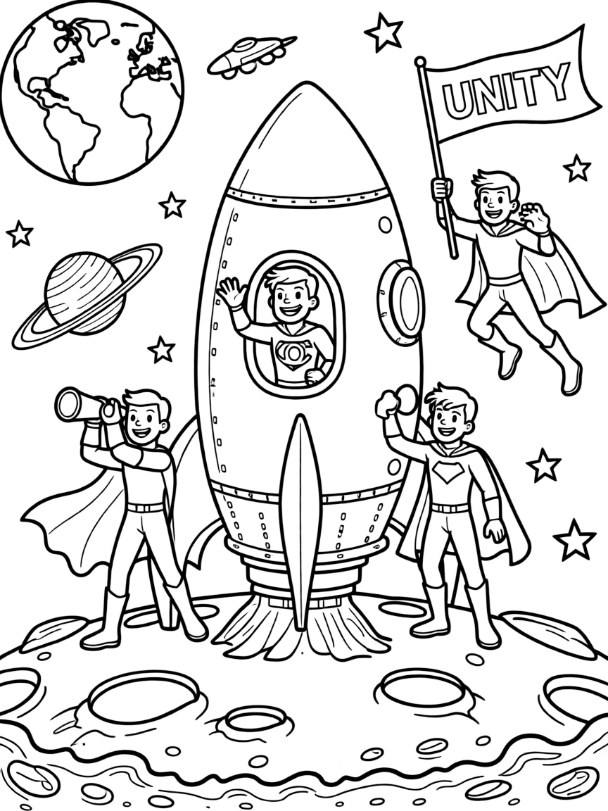 Justice League exploring space in a rocket, with fun background elements.