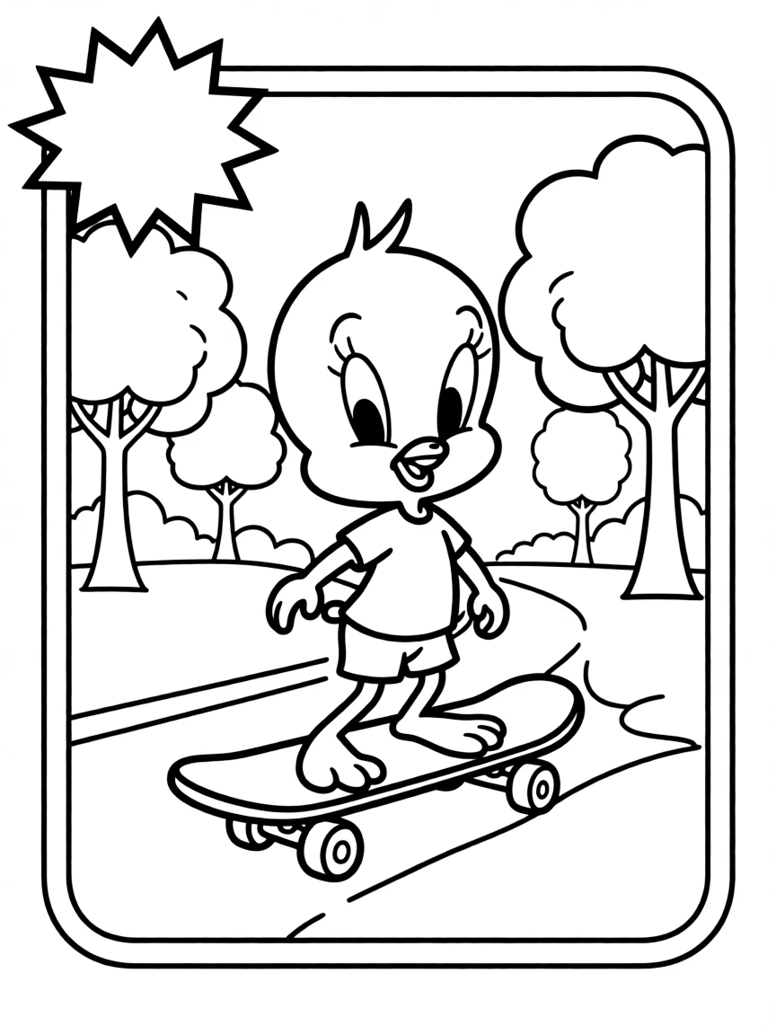 Tweety Bird skateboarding in the park, inside a comic book frame.