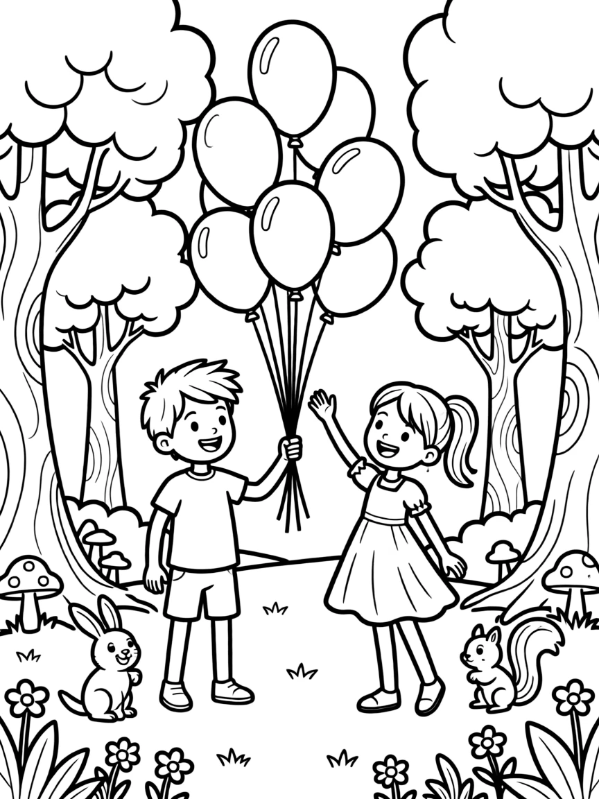 Adventure Time playing with balloons, in a magical forest setting.