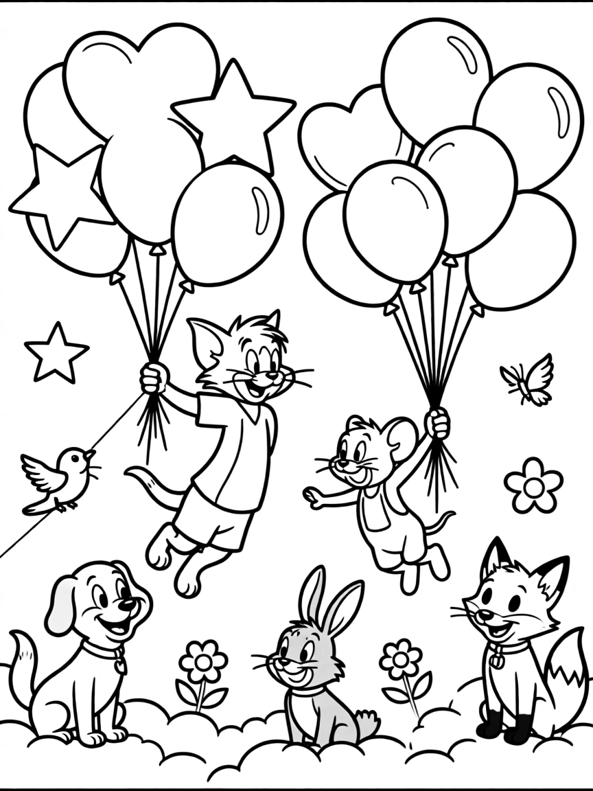 Tom and Jerry flying with balloons, surrounded by friendly animals.