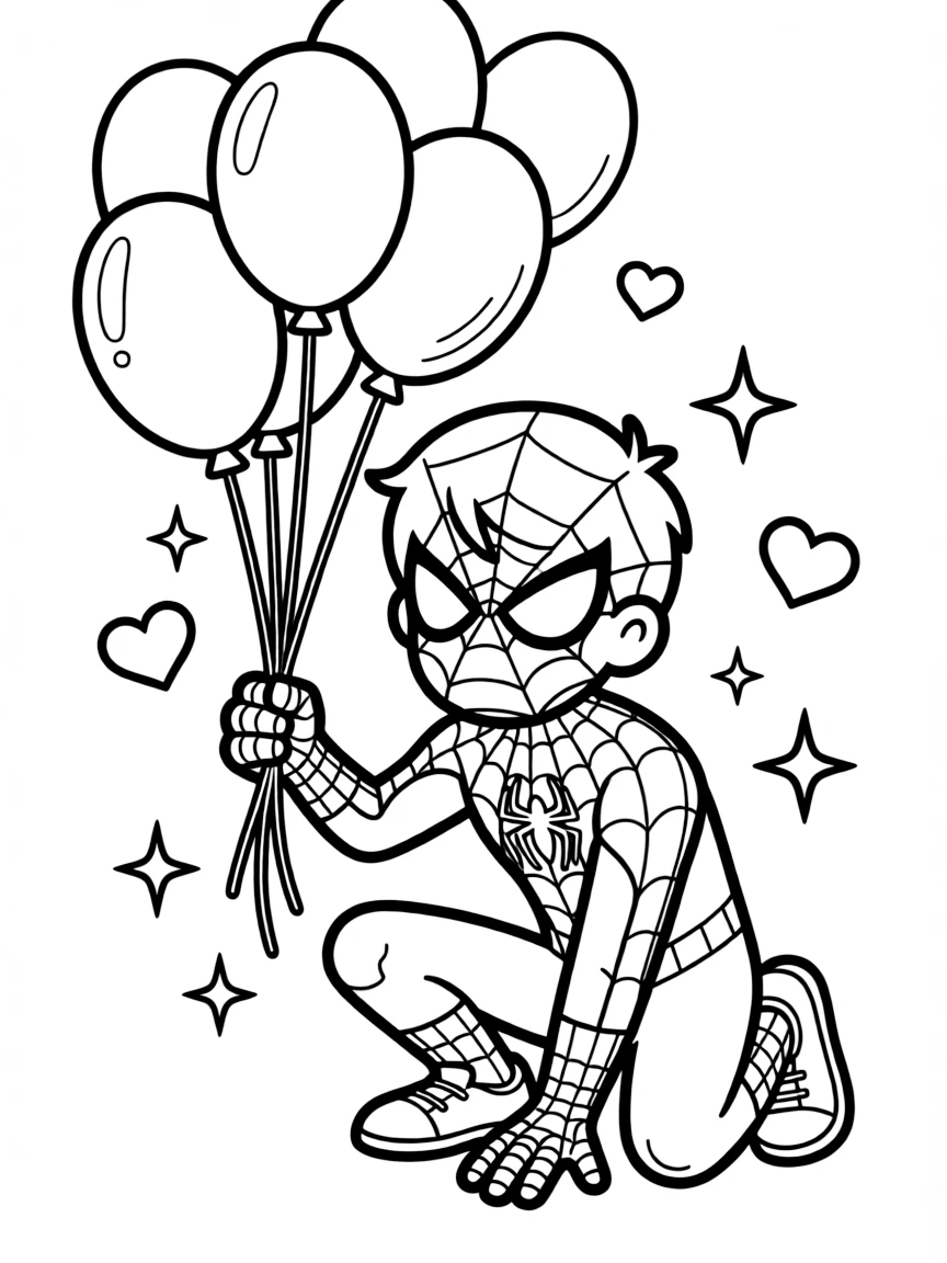 Spider-Man playing with balloons, with hearts and sparkles around.