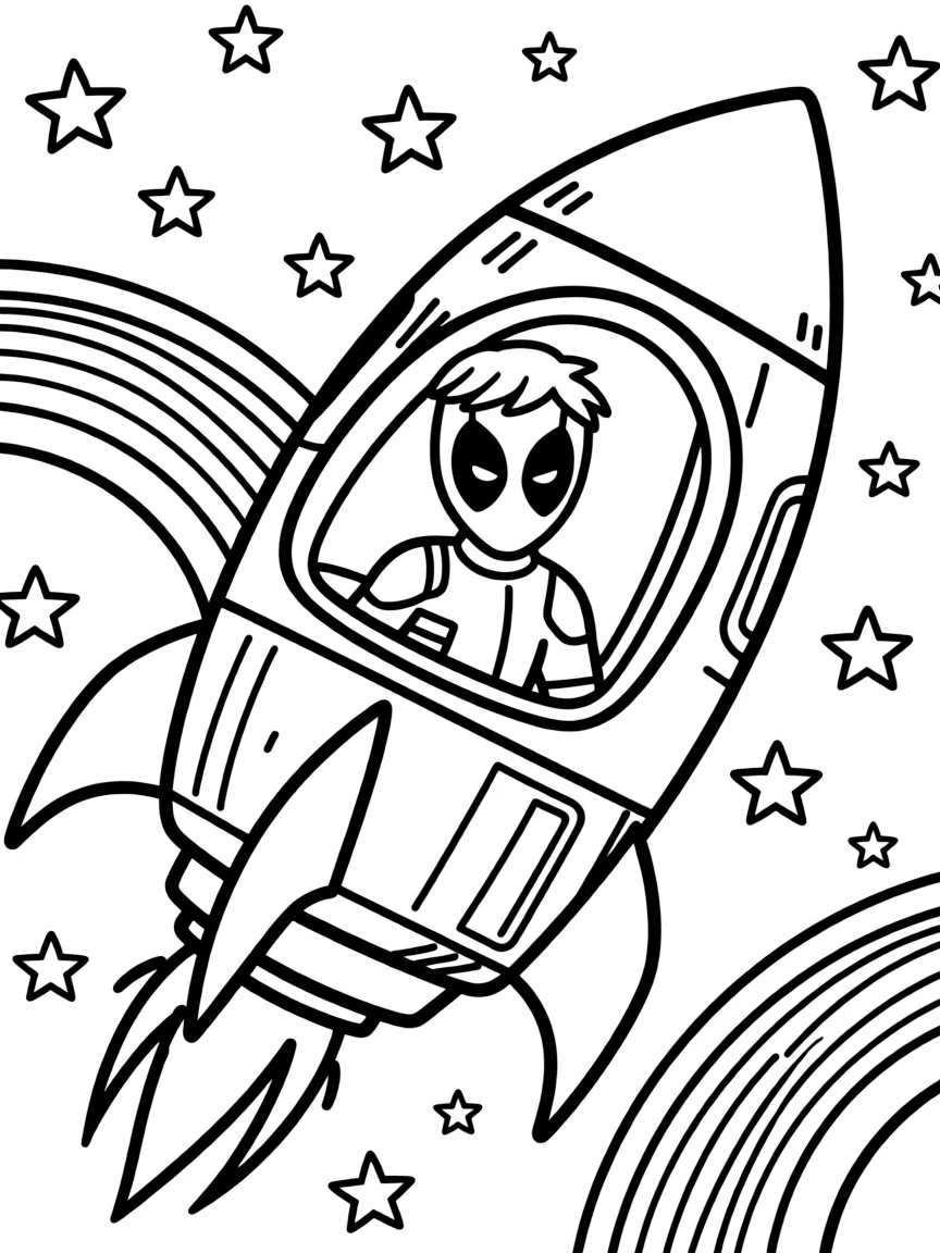 Deadpool exploring space in a rocket, with stars and rainbows in the background.