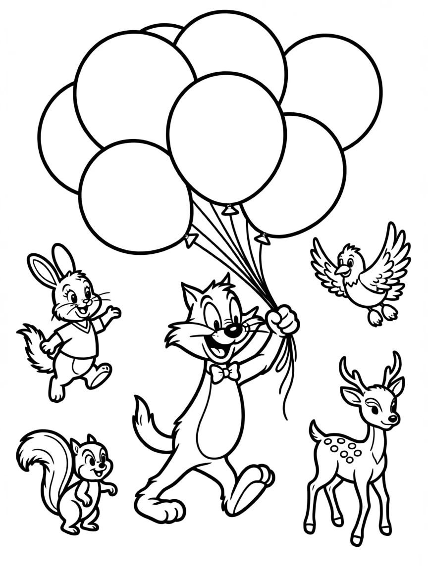 Sylvester flying with balloons, surrounded by friendly animals.