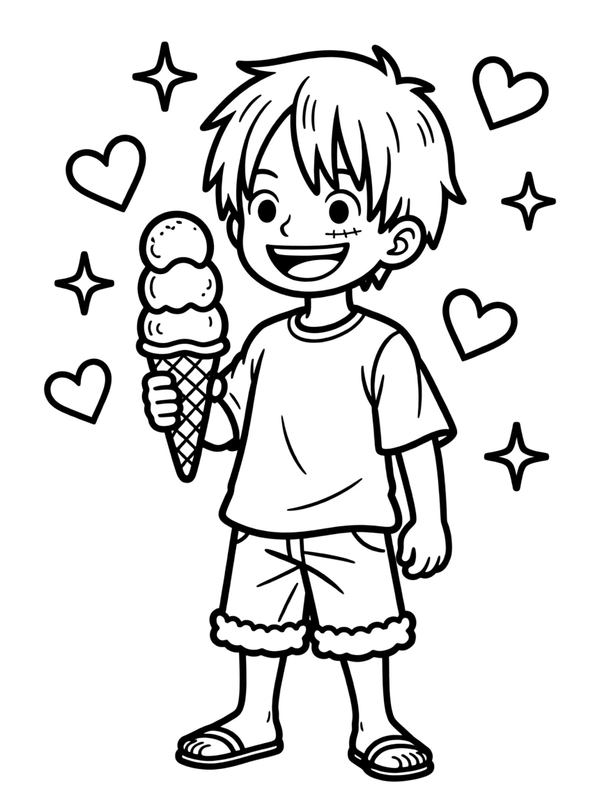 Zoro enjoying an ice cream cone, with hearts and sparkles around.