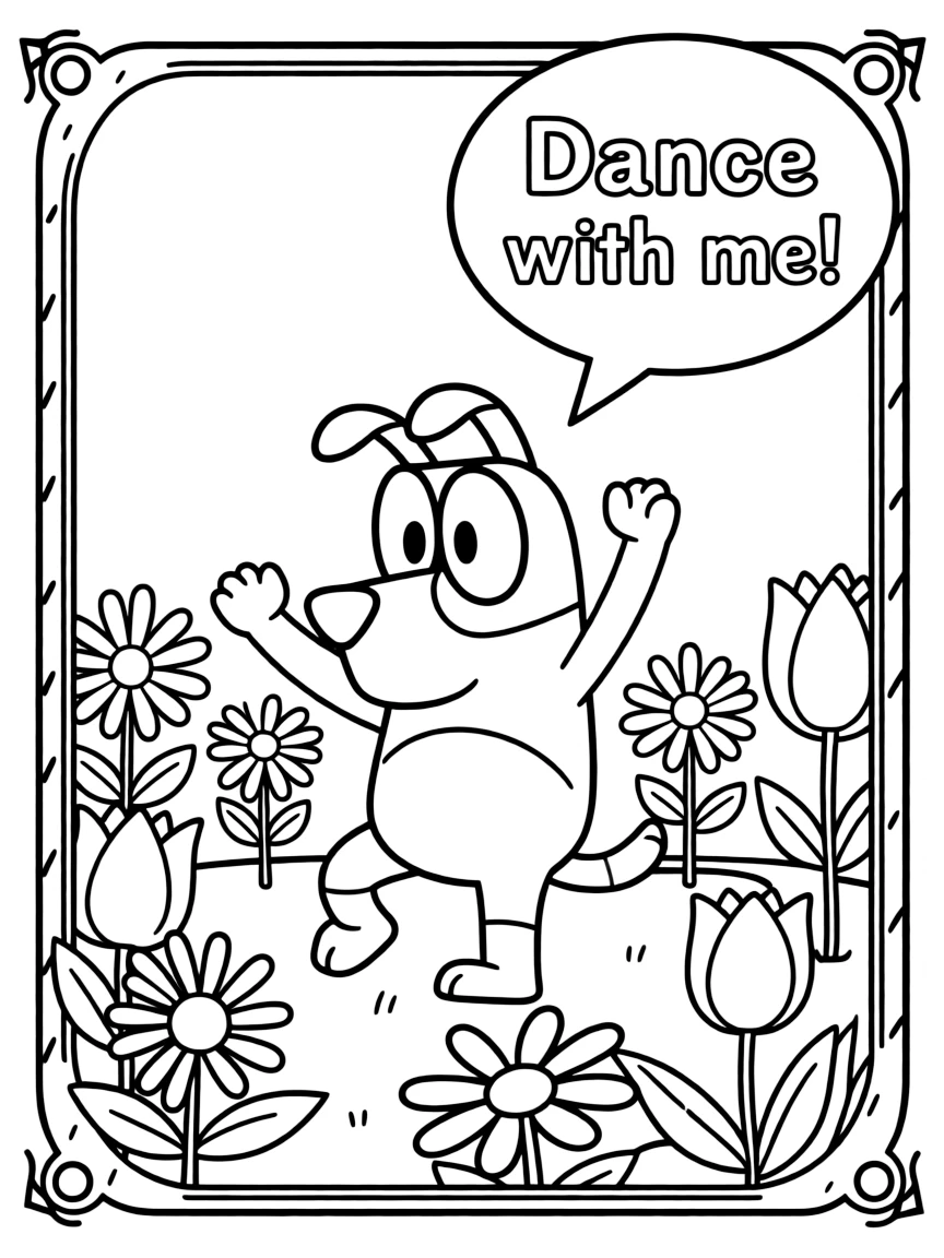 Courage the Cowardly Dog dancing in a field of flowers, inside a comic book frame.