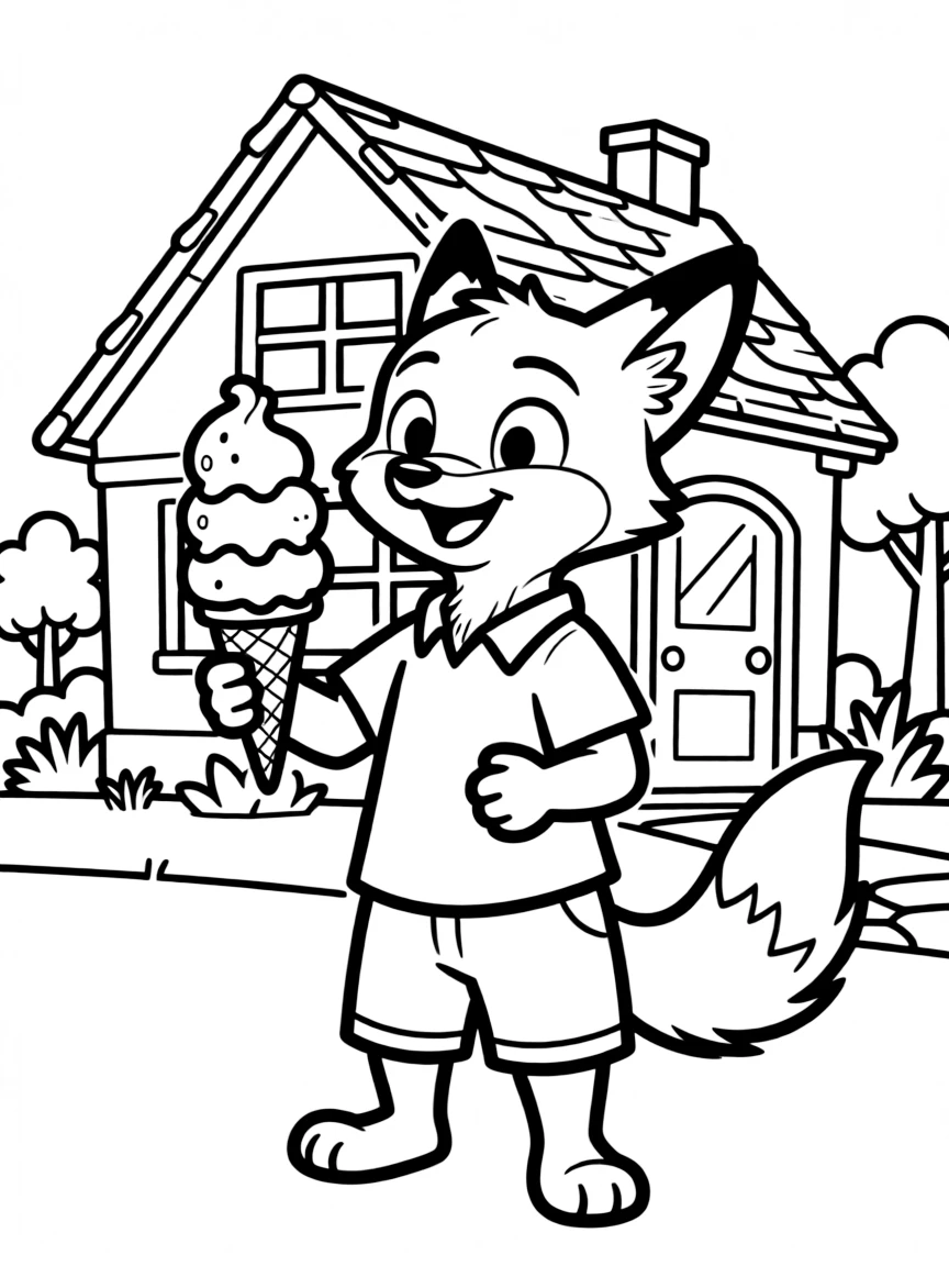 Zootopia enjoying an ice cream cone, in front of their famous house or scene.