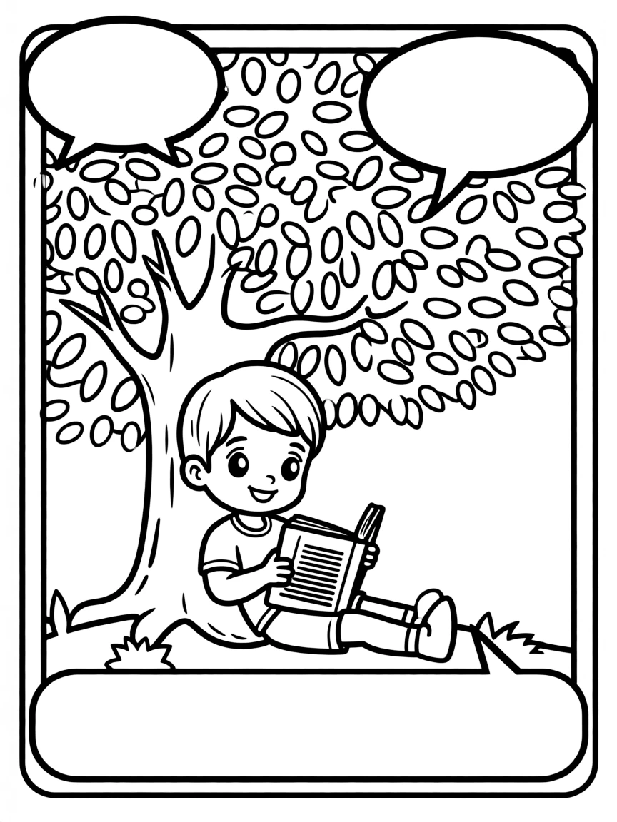 Cocomelon reading a book under a tree, inside a comic book frame.