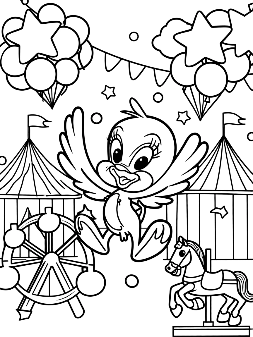 Tweety Bird jumping with joy, at a carnival with colorful decorations.