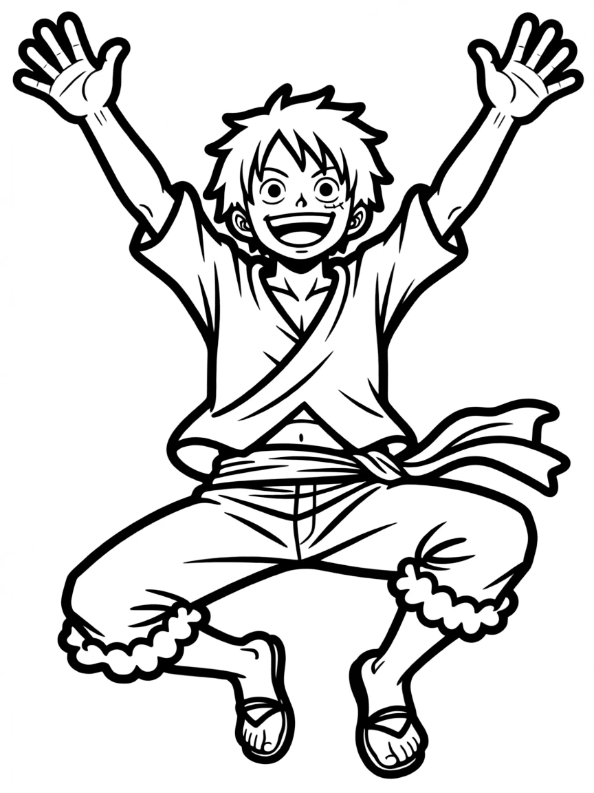 Zoro jumping with joy, with big bold outlines for easy coloring.
